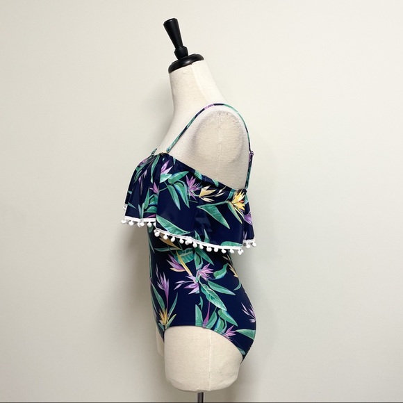 Shein Tropical Floral Flounce Navy One Piece Bathing Suit NWOT Medium Pom Poms - Picture 6 of 12